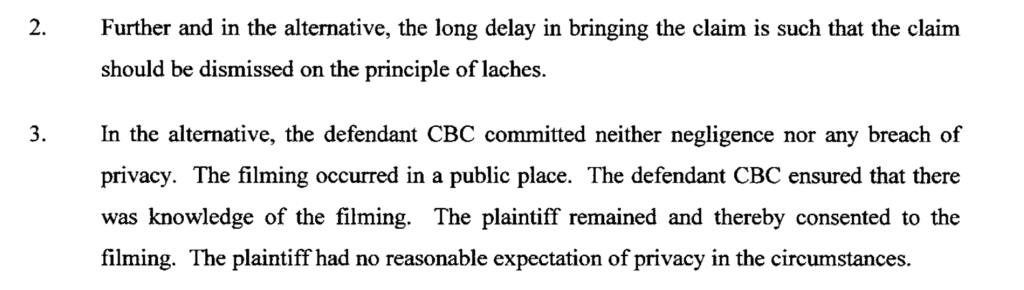 Excerpt from CBC's response to Dadashzadeh's lawsuit.