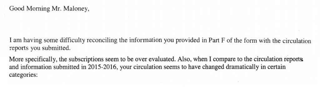 Screenshot of an email to The Walrus from the federal Heritage department, regarding the magazine's circulation numbers.