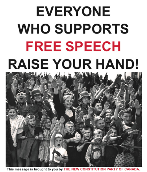 "Everyone who supports free speech raise your hand!" with a photo of Germans heiling.