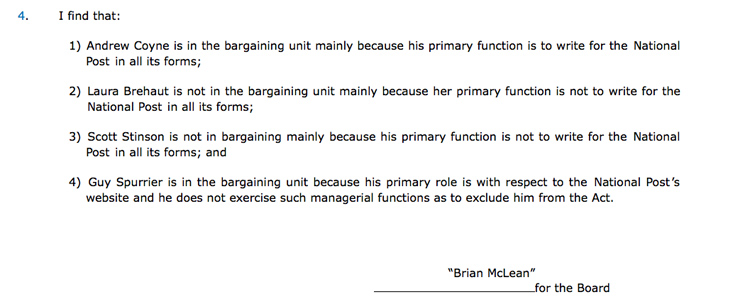 Excerpt from Labour Board decision, ruling on whether certain staffers, including columnists Andrew Coyne and Scott Stinson, work for the National Post.