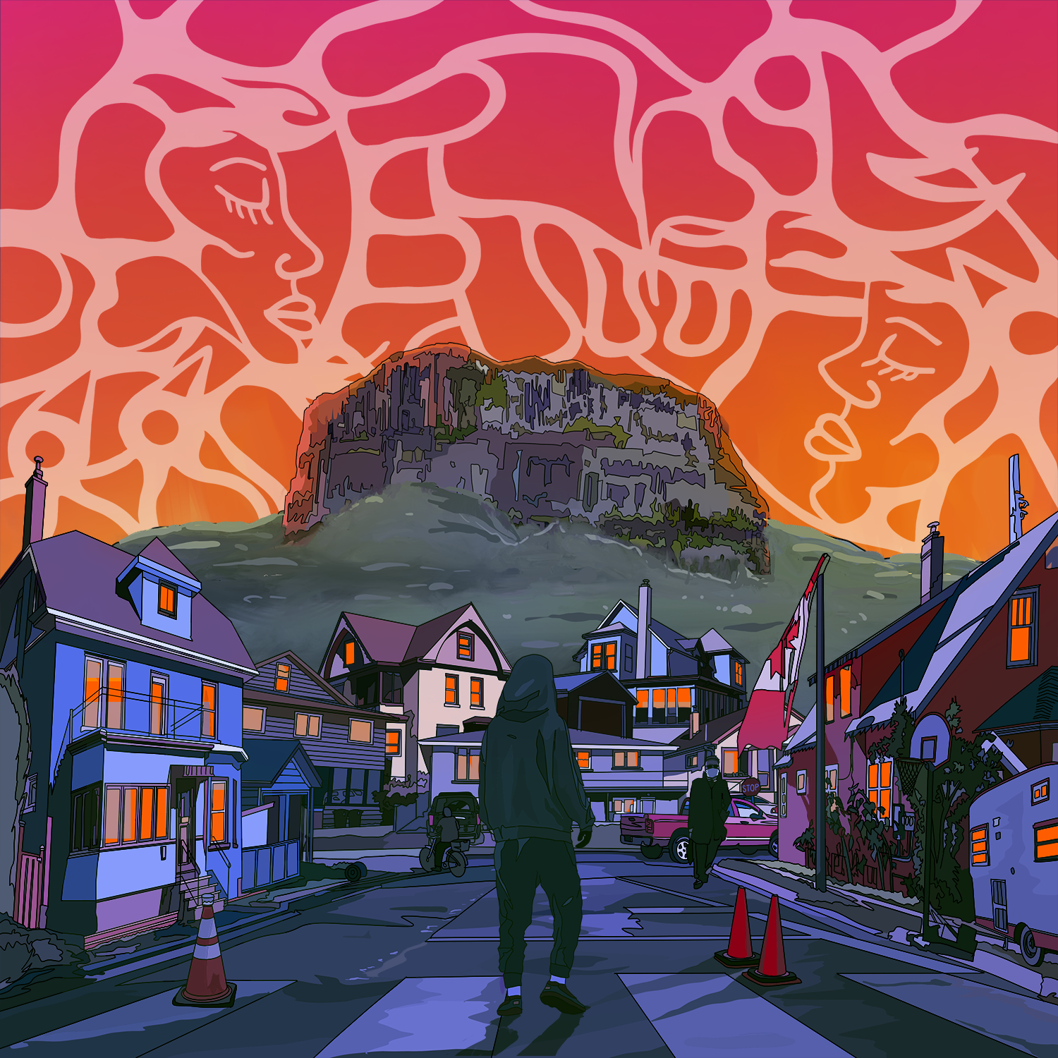 An illustration of a person wearing a hoodie walking into into a town