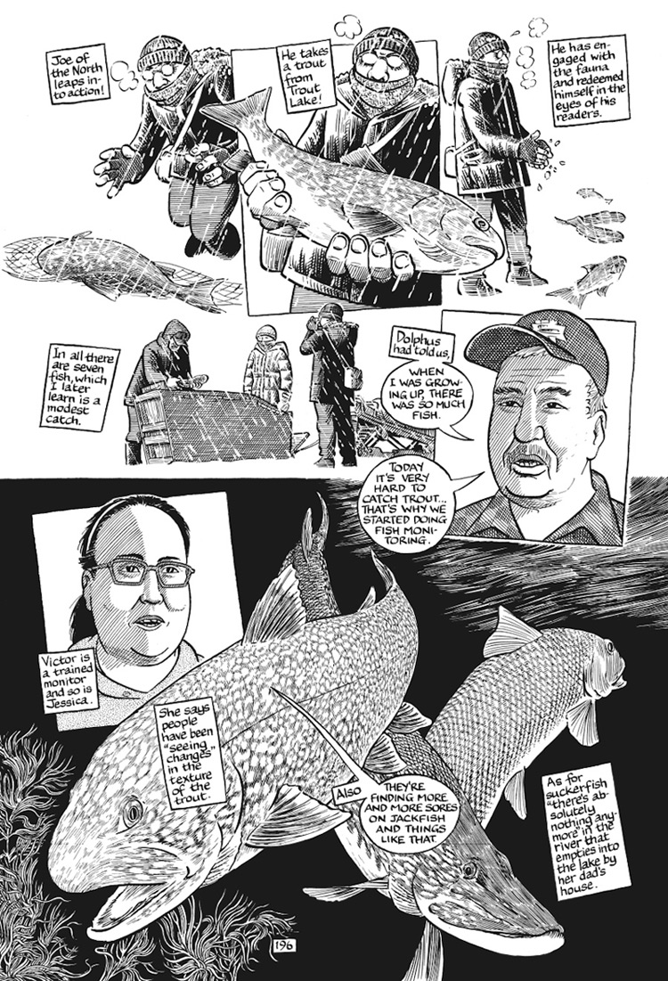 A page from a black-and-white graphic novel. The top half depicts Joe Sacco, tightly bundled in winter garments, fishing for trout on a frozen lake. The bottom half shows trout underwater, with a pair of locals describing how the harvests have changed over time (and not for the better).