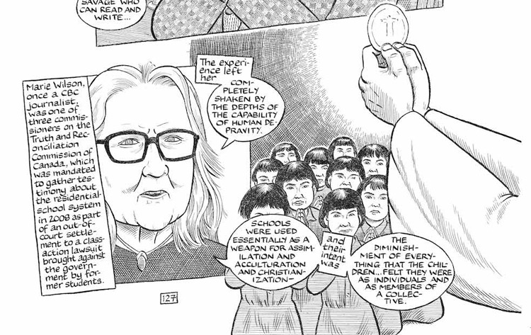 The bottom half of a page, depicting former CBC journalist Marie Wilson describing the violence of residential schools and a group of Indigenous children kneeling in front of a priest holding aloft some sort of coin with a cross on it.