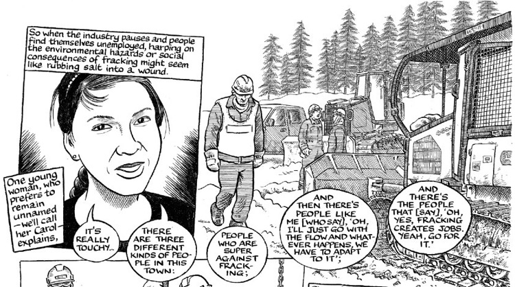 The top half of a page from Paying the Land, in which a young woman explains that, in her town, there are three groups of opinions when it comes to fracking. Some are all for it, some are against it, and others who prefer to just go with the flow.