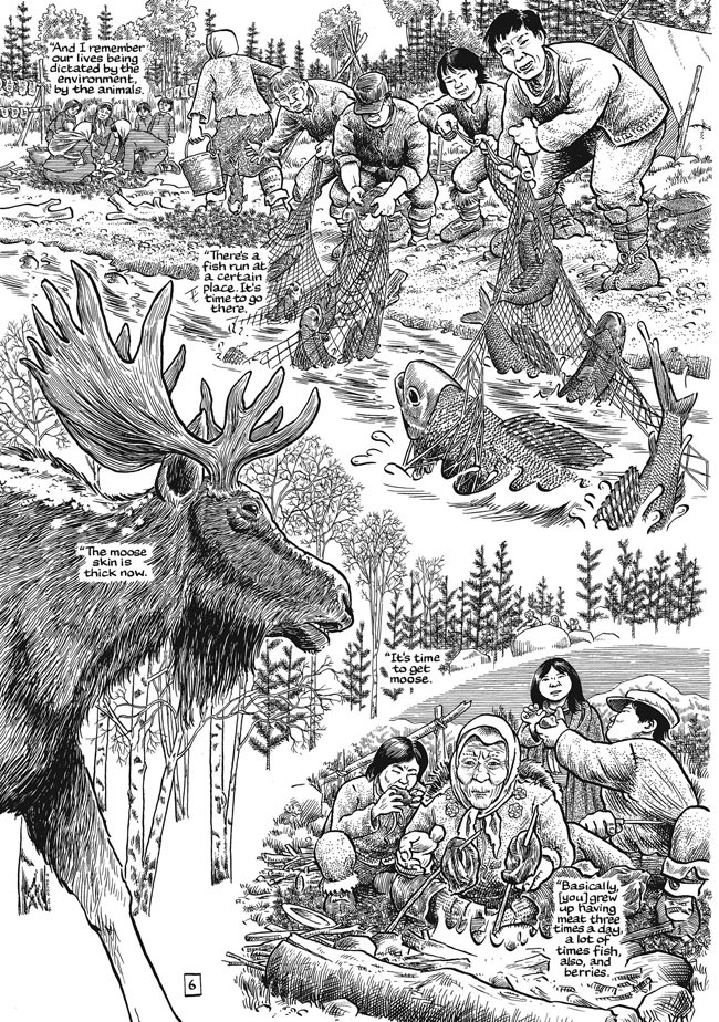 A full page from Paying the Land, showing Dene people fishing for trout in a river using nets and also cooking meat around a fire . On the left of the image is a moose. The captions describe how the daily rhythms of their lives used to be dictated by changes in the animals and environment.