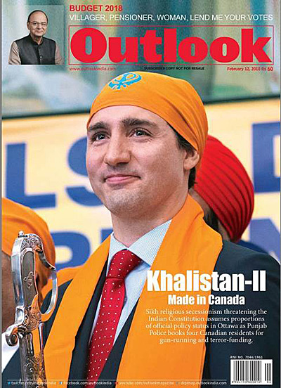 A cover of the magazine Outlook, showing Justin Trudeau wearing a bright orange Sikh head covering. The headline reads "Khalistan-II: Made in Canada"