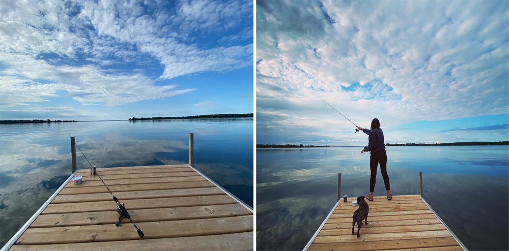 Two side-by-side photos seemingly depicting the same dock jutting out over a lake in what looks like cottage country. In one, a fishing rod is resting on the dock. In the other, a woman is casting with it.